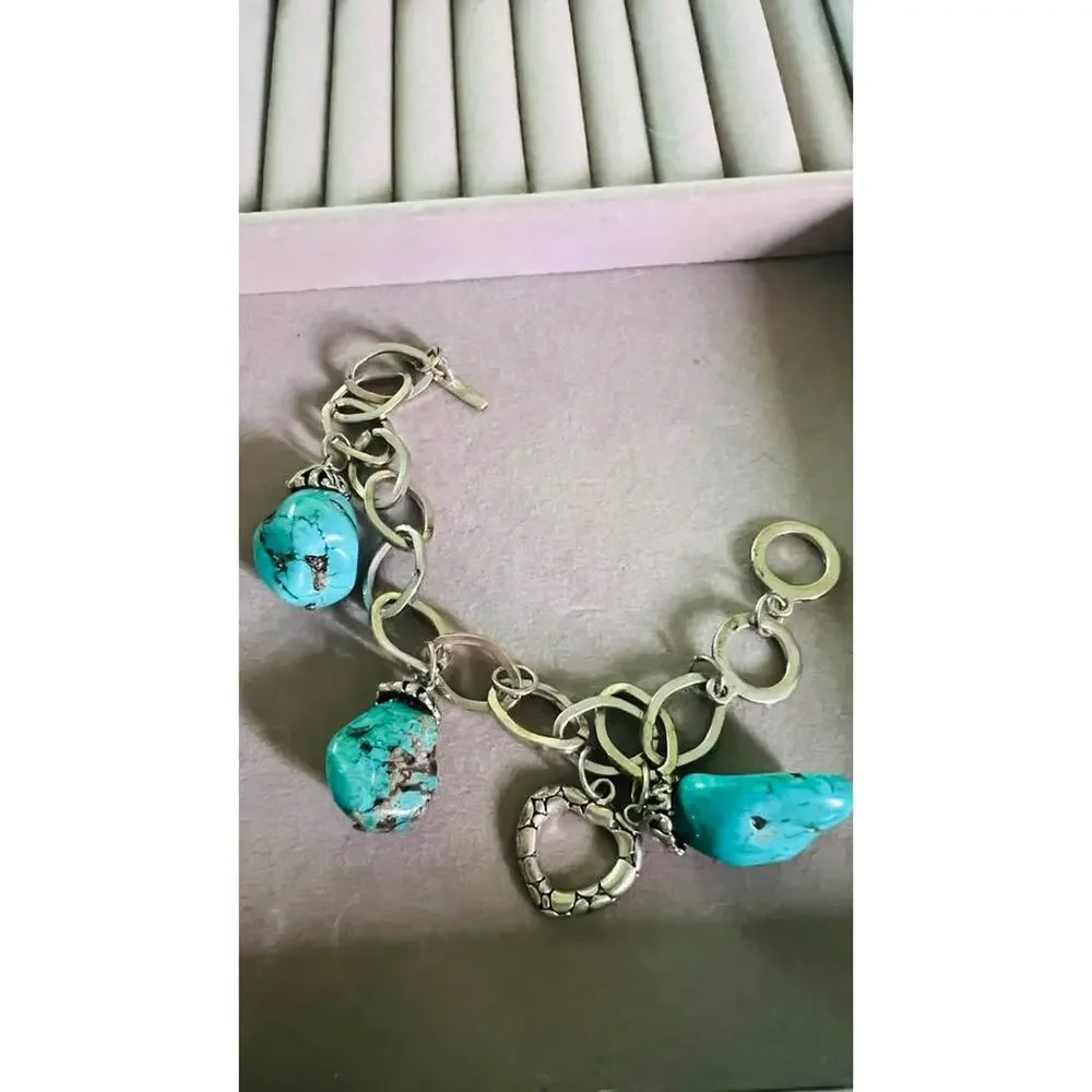 Chunky Silver-Tone Turquoise Stone Heart Charm Bracelet